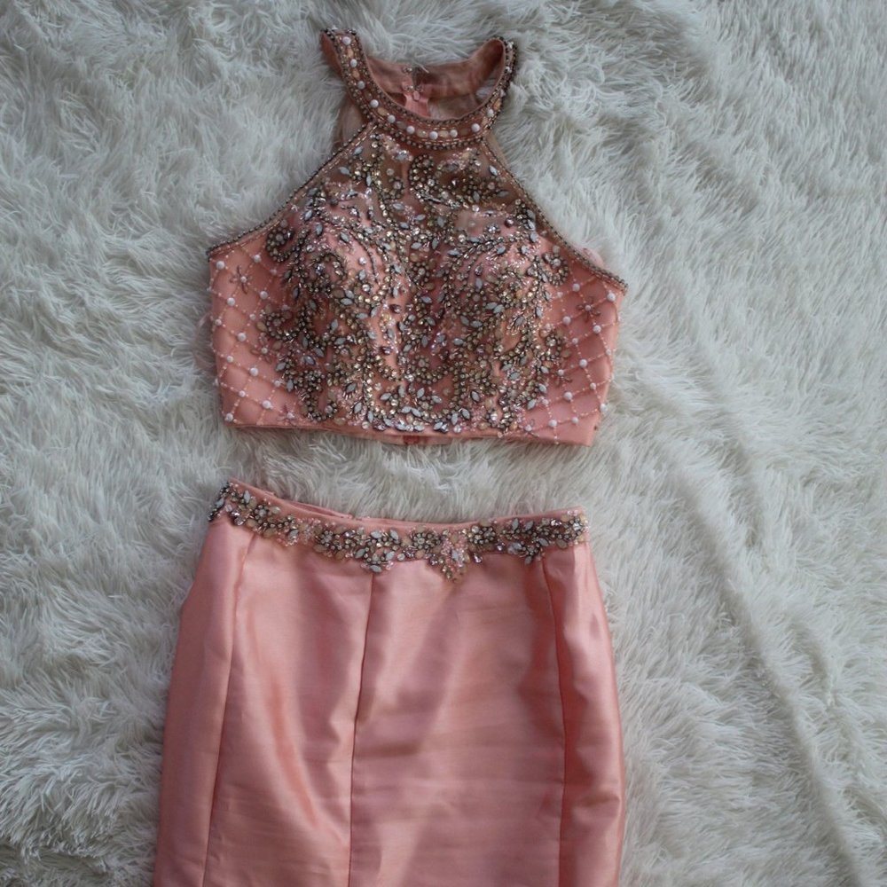 Coral Two Piece Mermaid Maxi Dress